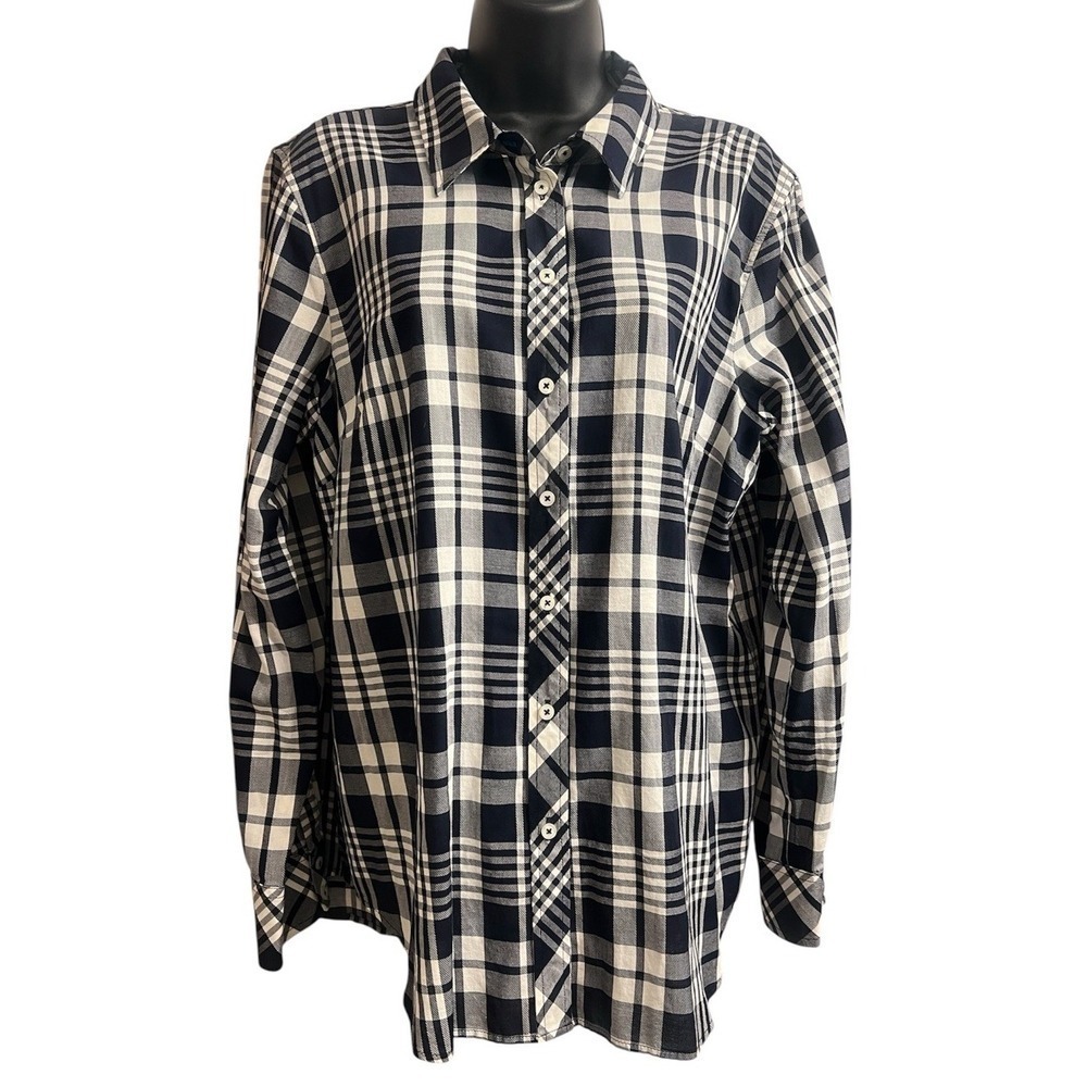 TALBOTS Long Sleeve Botton Up Classic Checked Blouse Navy & White Sz L NWT - Picture 2 of 6